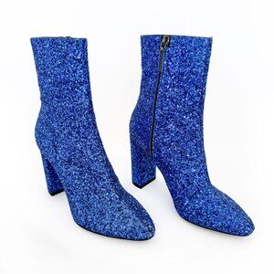 Saint Laurent Lou 95 Ankle Boots EU 37.5 US 7.5 Blue Glitter High Block Heel YSL